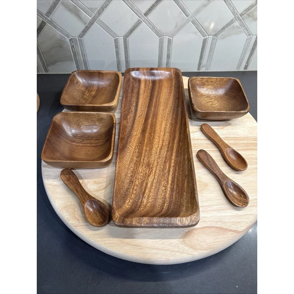 Monkey Pod Wood Set 3 Square Snack Dipping Bowls with Spoons and Tray Vtg MCM